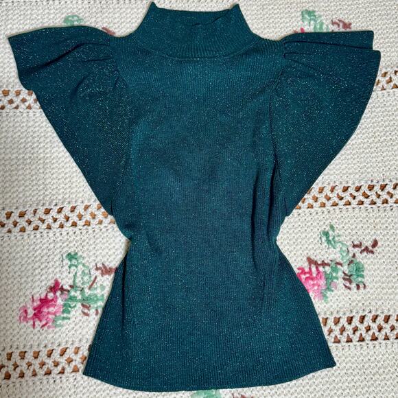 Maeve Anthropologie Shimmery Puff Sleeve Cut-Out Knit Top XS NWT - Picture 3 of 7